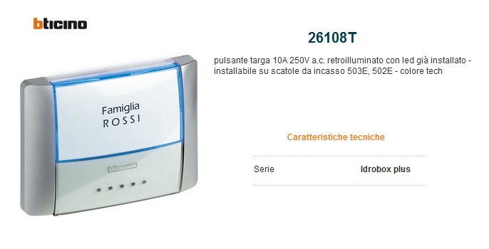 IDROBOX BTICINO 26108T PULSANTE TARGA IP55 TECH